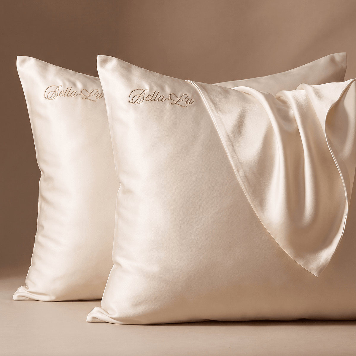 Two cream-colored satin pillowcases with &