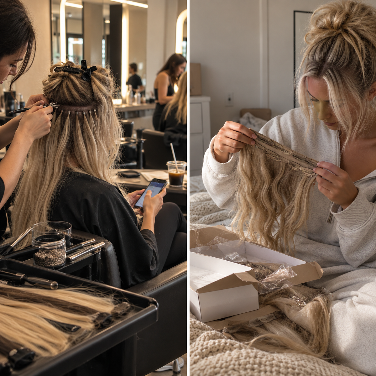 Permanent salon hair extension installation